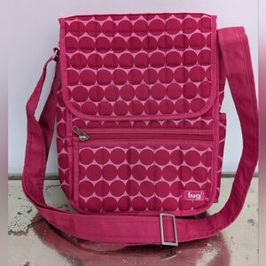 Lug Round Trip Moped Day Pack Crossbody Purse Messenger Bag Bright Pink Dots